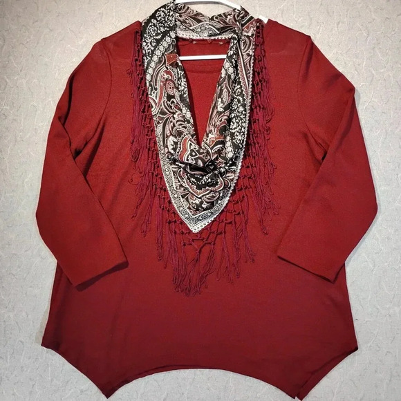Women's  Burgundy Long Sleeve Blouse w/Detachable Fringed Scarf CK MEASUREMENTS - Picture 2 of 10